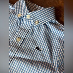 Vineyard Vines Gingham Blue And White Whale Shirt Long Sleeve Logo Boys 2T